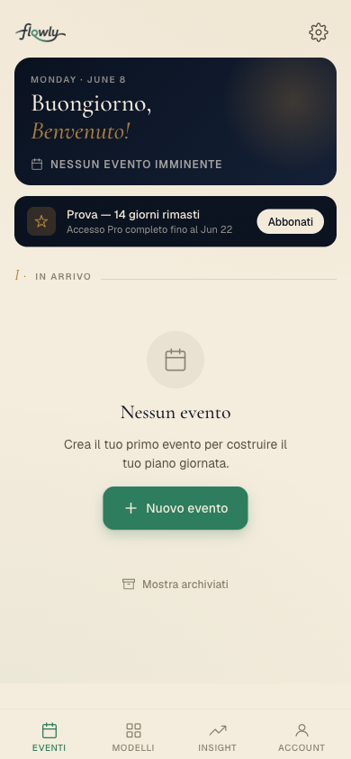 Dashboard di Flowly con gli eventi del coordinatore