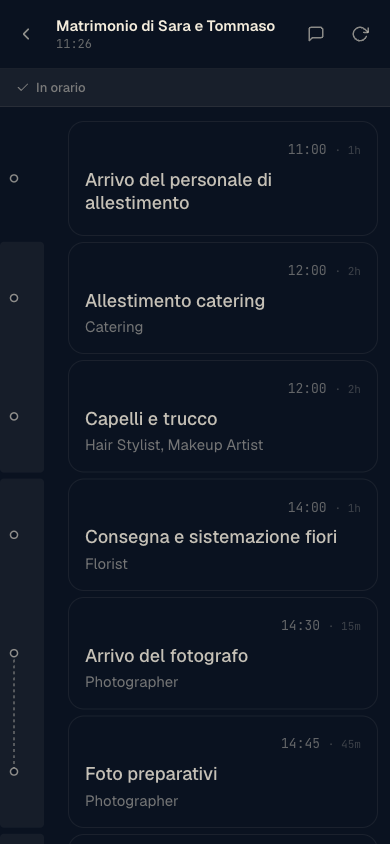 Run view live di Flowly in tema scuro per il giorno dell'evento